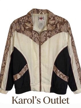 ACTIVE FRONTIER Retro Windbreaker, Women’s M, White Brown Black